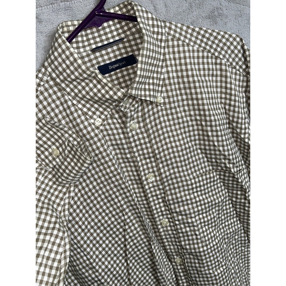 Zegna Sport Mens Large Cotton brown Gingham Button Down Shirt Long Sleeve